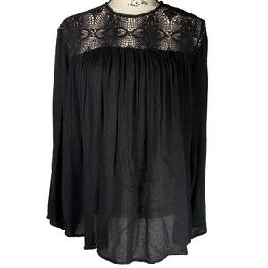 Zara Basics Sz S Long-Sleeve Blouse Lace Top Black 100% Cotton